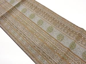 縞に幾何学・花葉模様織出し名古屋帯